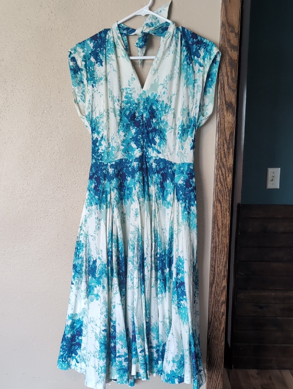 Maple By Some Odd Rubies Blue & White Floral V-Neck Midi Circle Skirt Dress - Picture 2 of 6